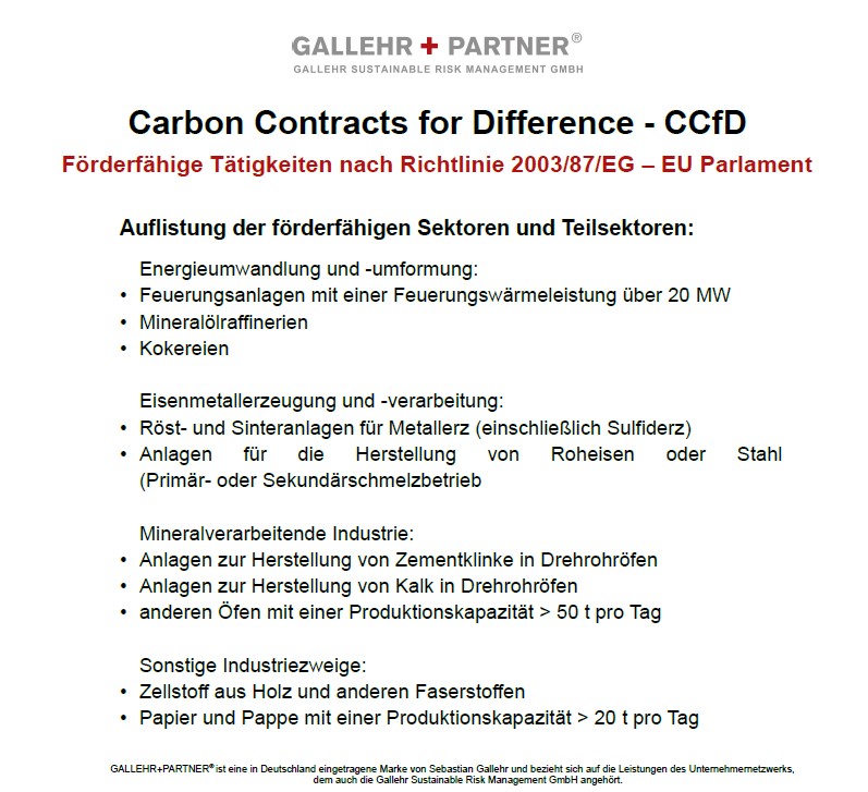 Förderfähige Tätigkeiten nach Richtlinie 2003/87/EG – EU Parlament für Carbon Contracts for Difference - CCfD