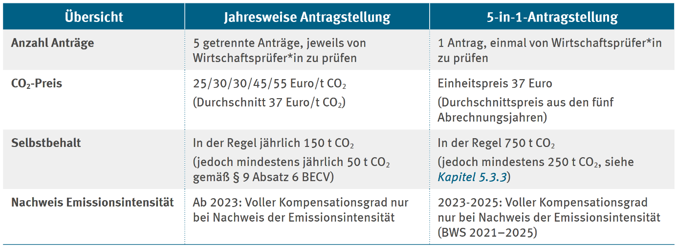 Tabellarische Übersicht der Unterschiede zwischen der 5-in-1-Antragstellung und der jahresweisen Antragsstellung